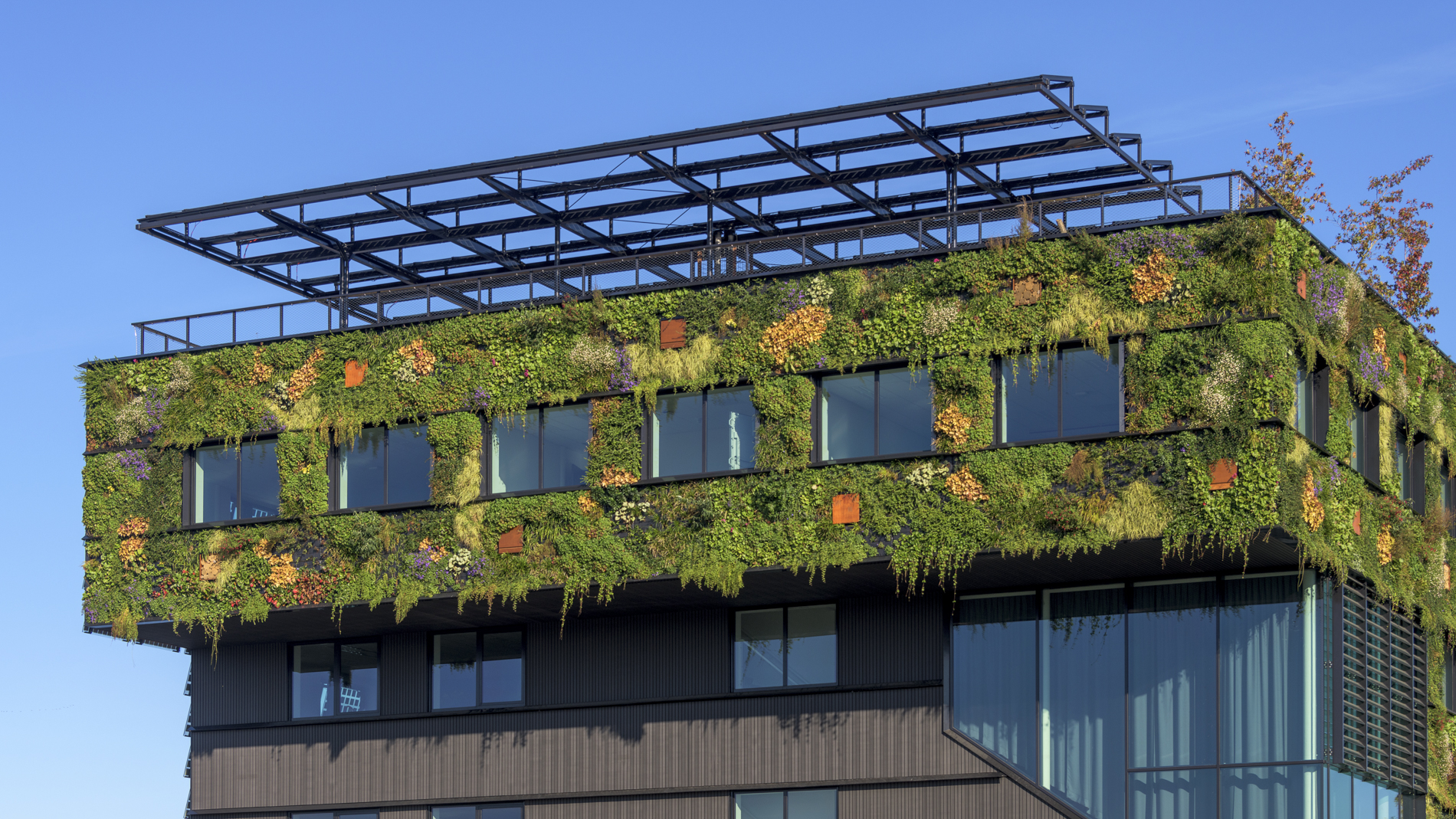 Moderne architectuur van Aeres Hogeschool in Almere met glazen panelen.
